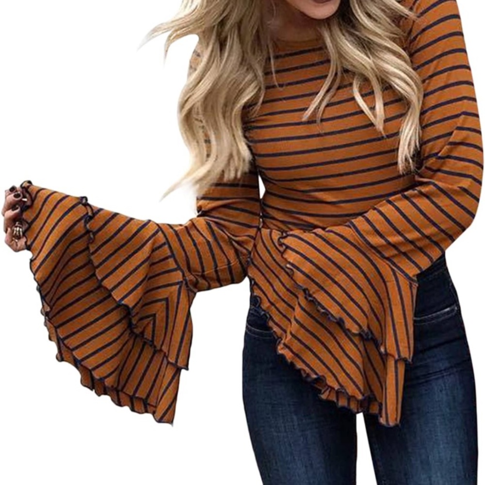 Yissang Women's Long Cascading Ruffle Sleeve Striped Pullover Blouse